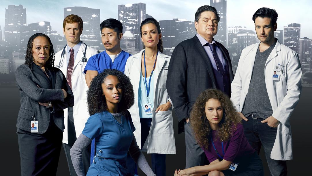 Chicago Med: Stets im Einsatz: Die Ärzte des Chicago Medical Centers Von links, hinten: Sharon Goodwin (S. Epatha Merkerson), Dr. Will Halstead (Nick Gehlfuss), Ethan (Brian Tee), Dr. Lily Manning (Torrey DeVitto), Dr. Daniel Charles (Oliver Platt), Connor Bradhaw (Colin Donnell)Vorne: April Sexton (Yaya DaCosta), Dr.