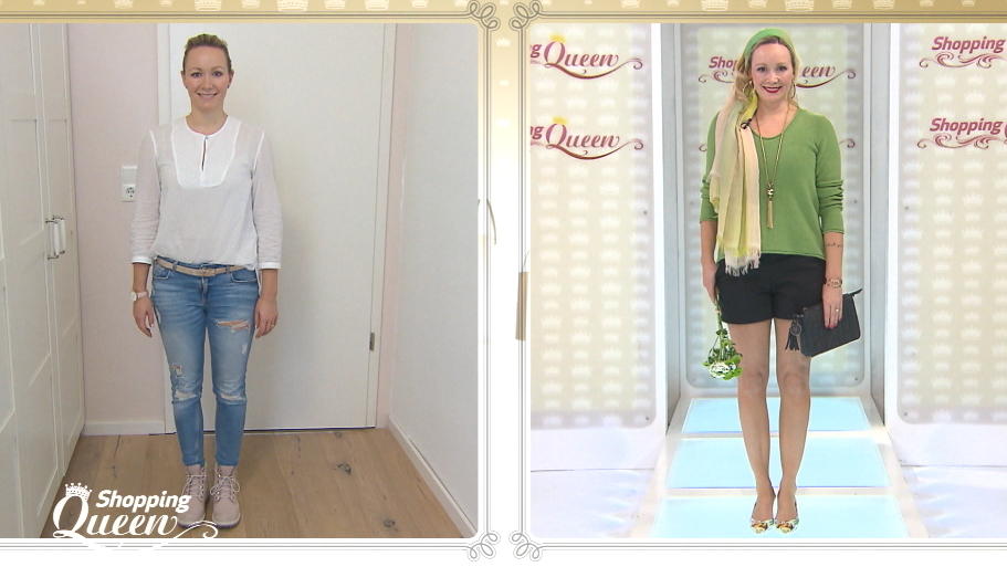 Shopping Queen: Sandra präsentiert ihren Look auf dem Catwalk "Shopping Queen"-Kandidatin Sandra im Vorher-Nachher-Vergleich